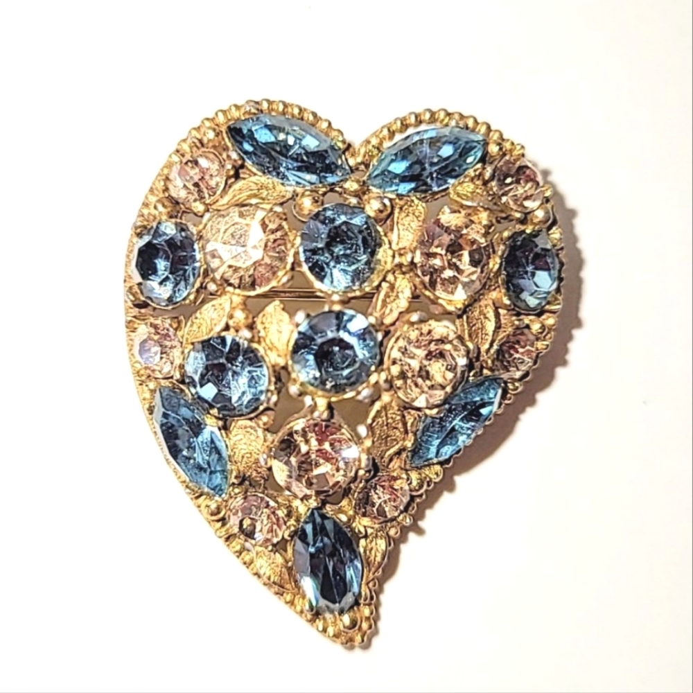 ABSTRACT HEART RHINESTONE PIN BROOCH - TEAL & CHAMPAGNE STONES